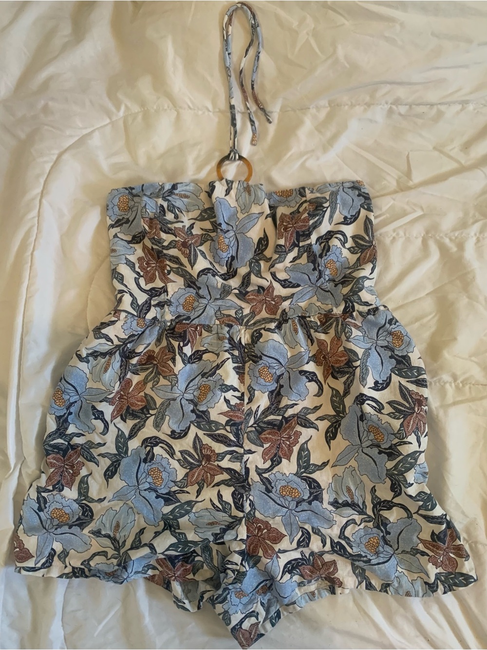 Strap Halter Floral Romper in Light Blue and Cream